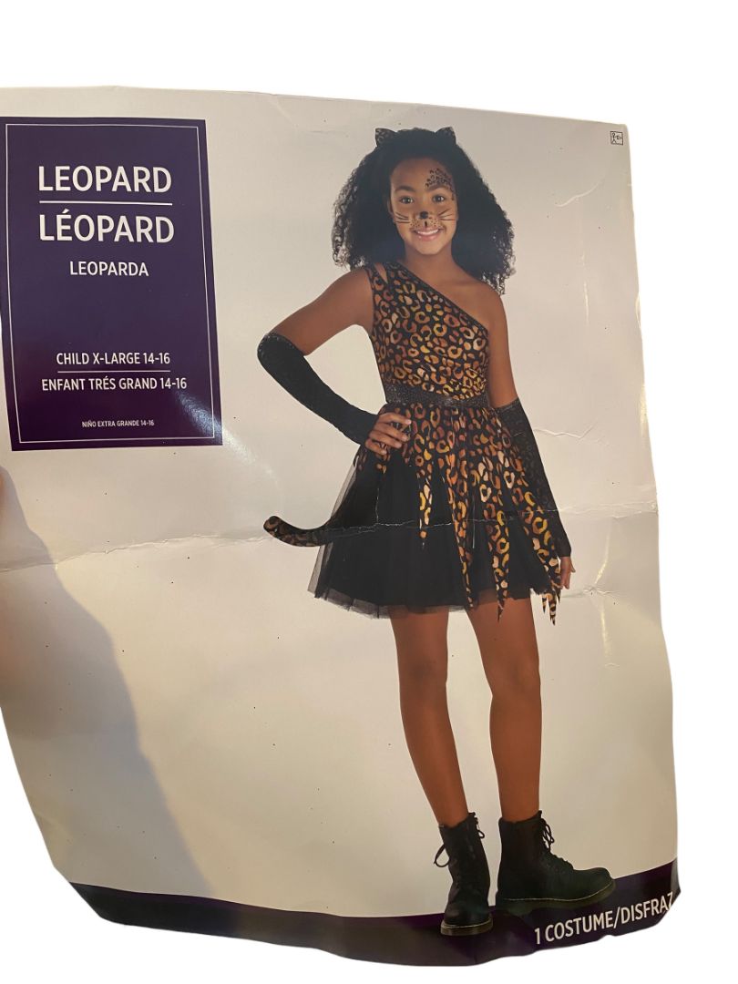 Size XL Leopard Child Costume Girls #53020 Dress Headband Glovettes Detachable Tail