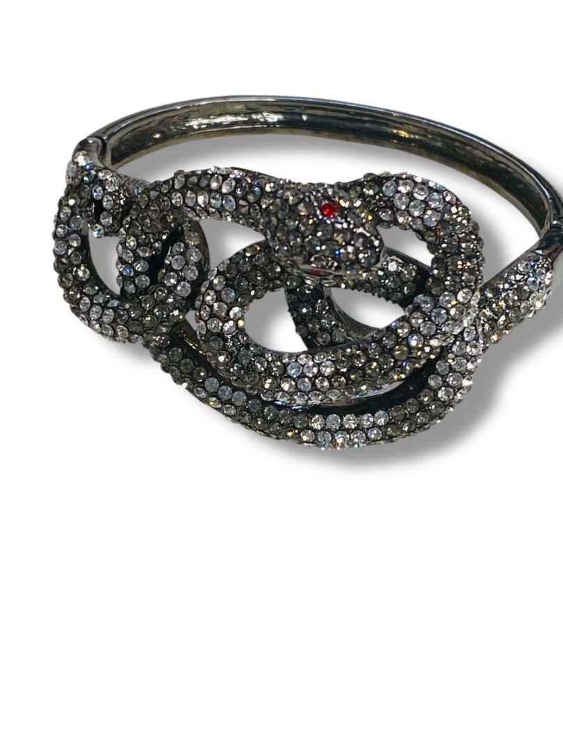 Rhinestone Snake Bangle Bracelet Hinged Pewter Color 1.5" Inside Diameter