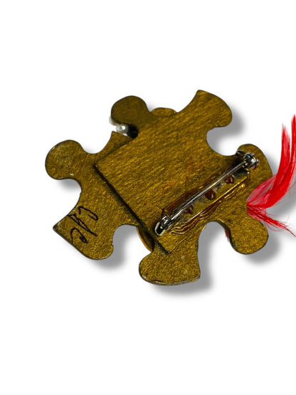 Signed Handcrafted Puzzle Piece Brooch Pin Red Goldtone 2"