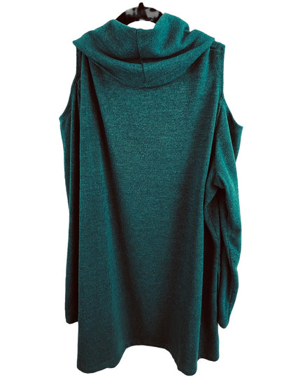 1X Attitudes by Renee Blue Green Cold Shoulder Cowl Neck Sweater