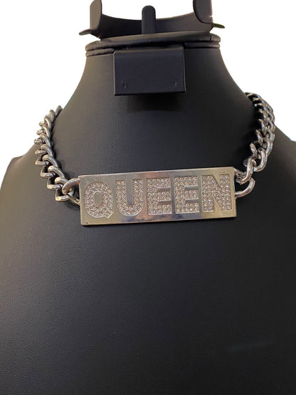 "QUEEN" Silvertone Embellished Chunky ID Style Choker Necklacce 16"