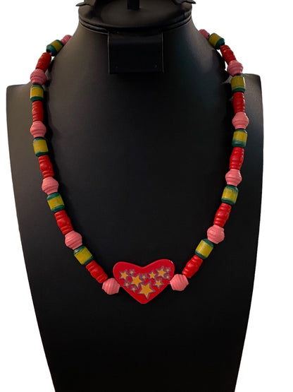 Wooden Beaded Necklace Tie Closure Heart Stars Red Pink Green Yellow 24" Craft