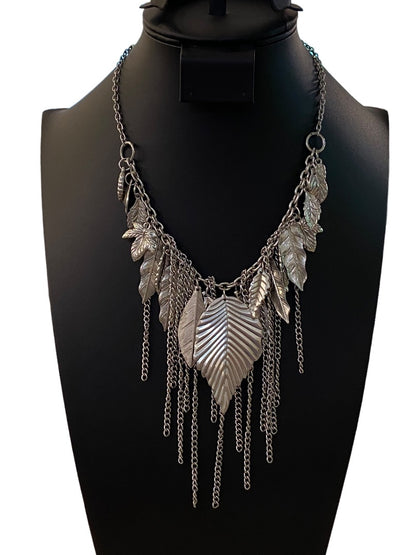 Silvertone Layered Boho Necklace Leaf and Chain Statement 16-18"