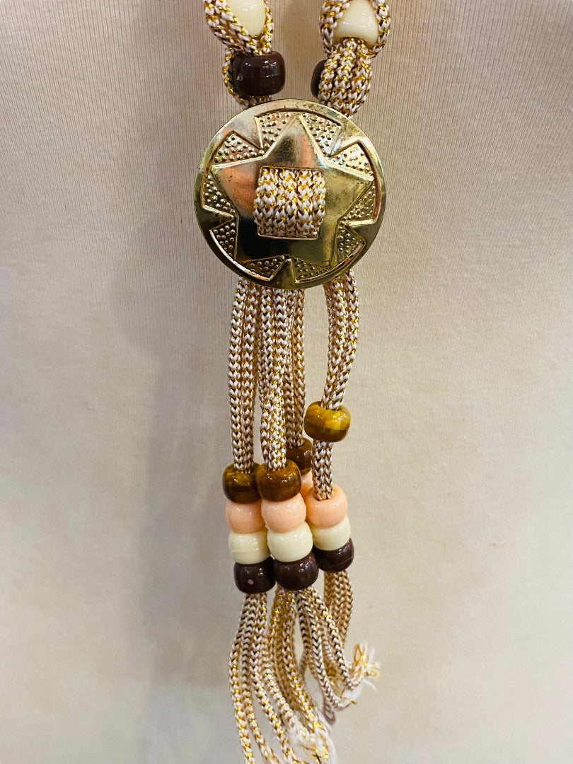 Braided Plastic Bead Necklace 32" Overhead Goldtone Pink Brown Lightweight 5" Tassel