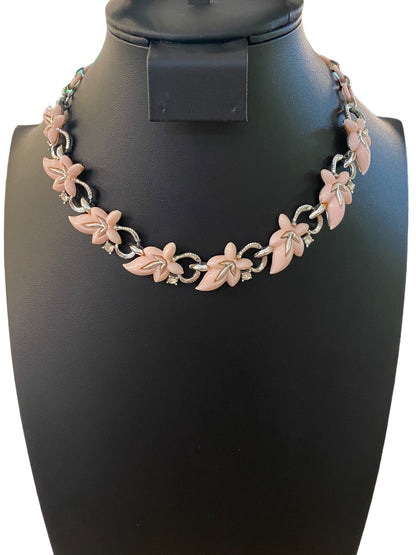 Vintage 13-15" Necklace Hook Closure Pink Plastic Leaf Silvertone