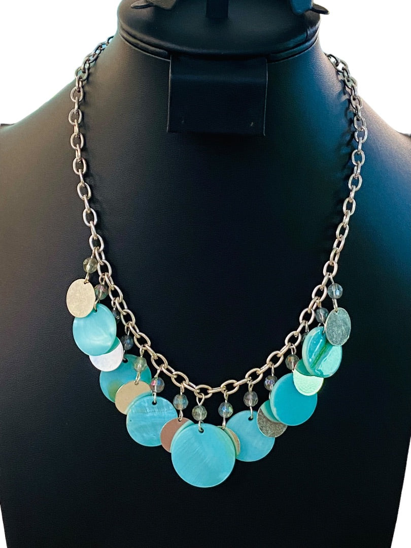 Silvertone and Aqua Charm Layered Circle Necklace 16-19" Lobster Clasp