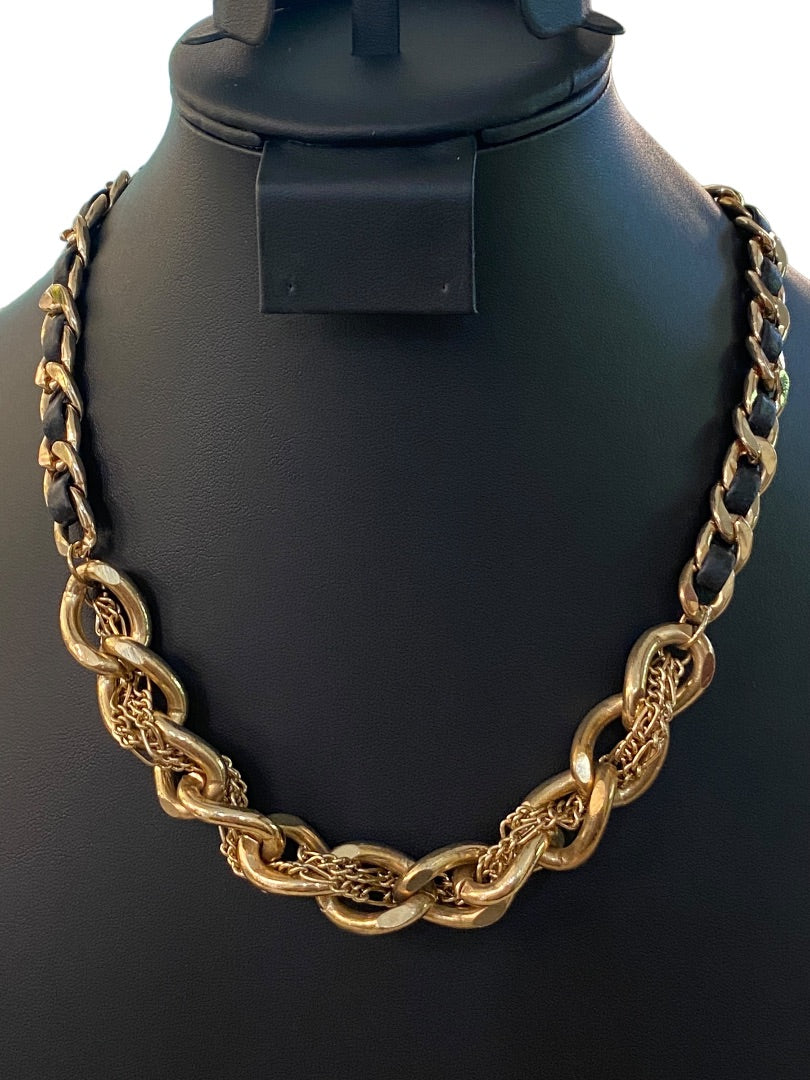 Goldtone and Black Cord Chunky Dual Strand Chain Necklace 17-19" Lobster Clasp