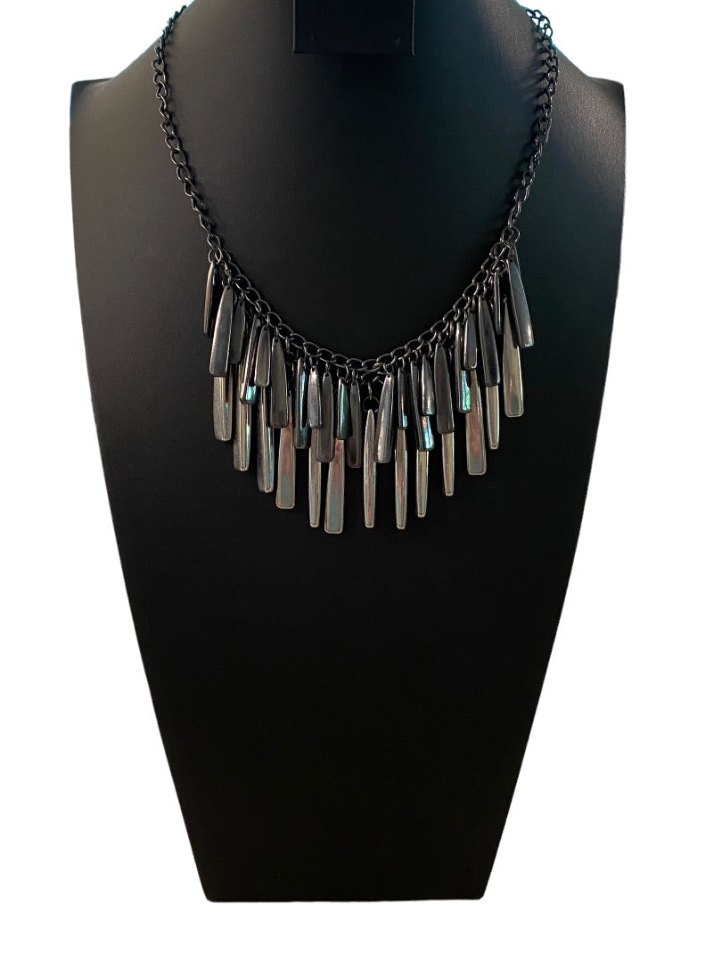 New York & Co Pewter Color and Silvertone Fringe Necklace 18-21" Lobster Clasp 1.5" Drop