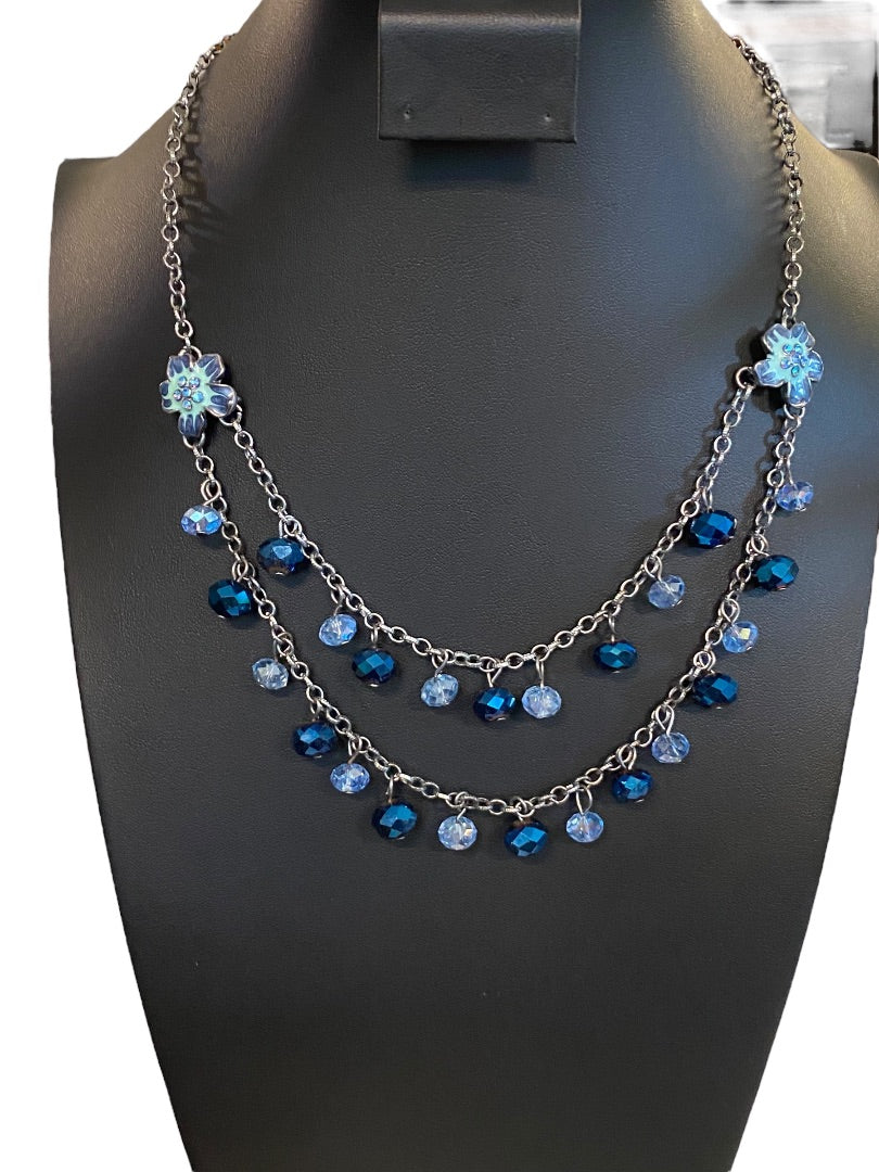 Dark Silvertone Blue Beaded Layered Necklace Floral 19" Lobster Clasp