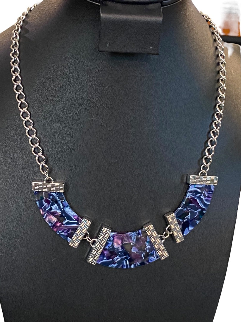 Silvertone Blue Purple 21" Statement Necklace Acrylic Swirl Lays Flat