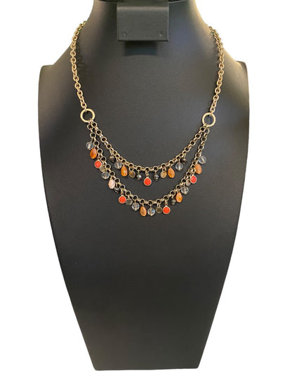 Brushed Goldtone Beaded Double Strand Necklace 17.5"Beaded 3" Drop