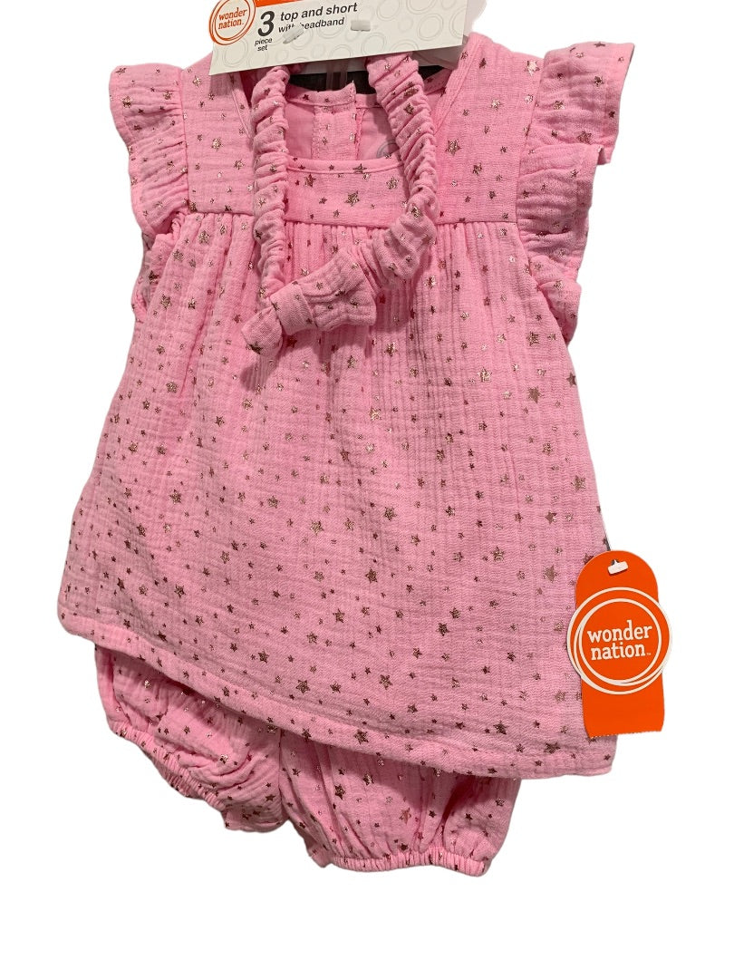 12 Months Baby Girls Pink New 3 Top Short with Headband Star Metallic