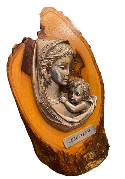 Jerusalem Metal Madonna Child on Wood Block Israel Christian 5"h