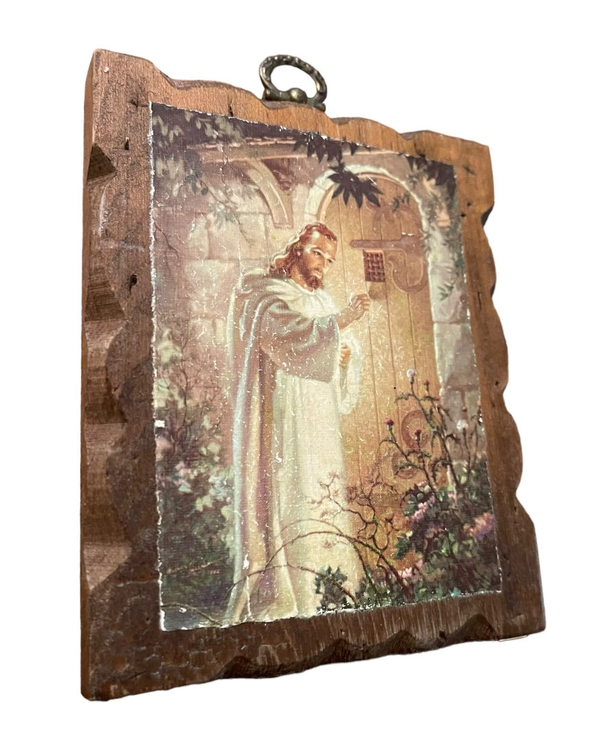 Religious Wooden Wall Plaque Jesus Knocking Distressed Vintage 1970s 5.25" x 4.25" Christian