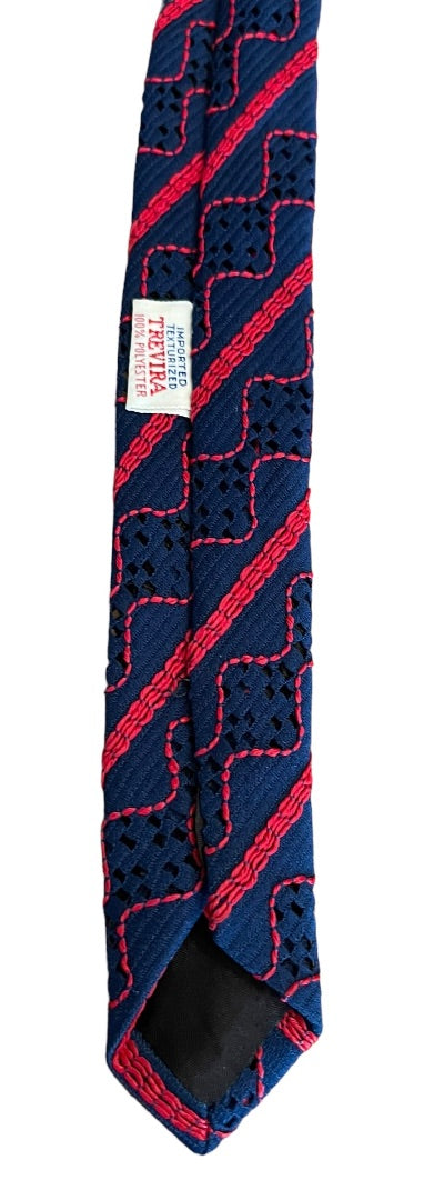 Vintage 1970s Mens Necktie Tie Navy Blue Red Texturized  100% Polyester 55" Length