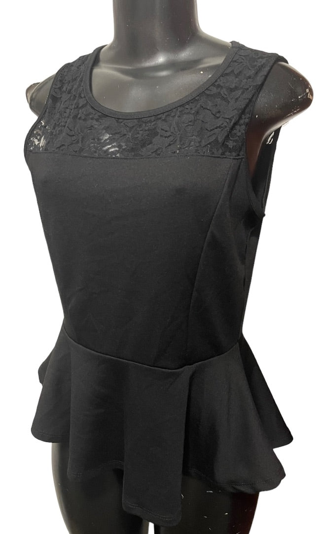 Large Ambiance Apparel Junior Womens Peplum Sleeveless Lace Yoke Top