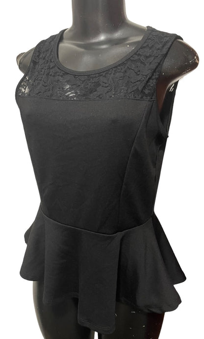 Large Ambiance Apparel Junior Womens Peplum Sleeveless Lace Yoke Top