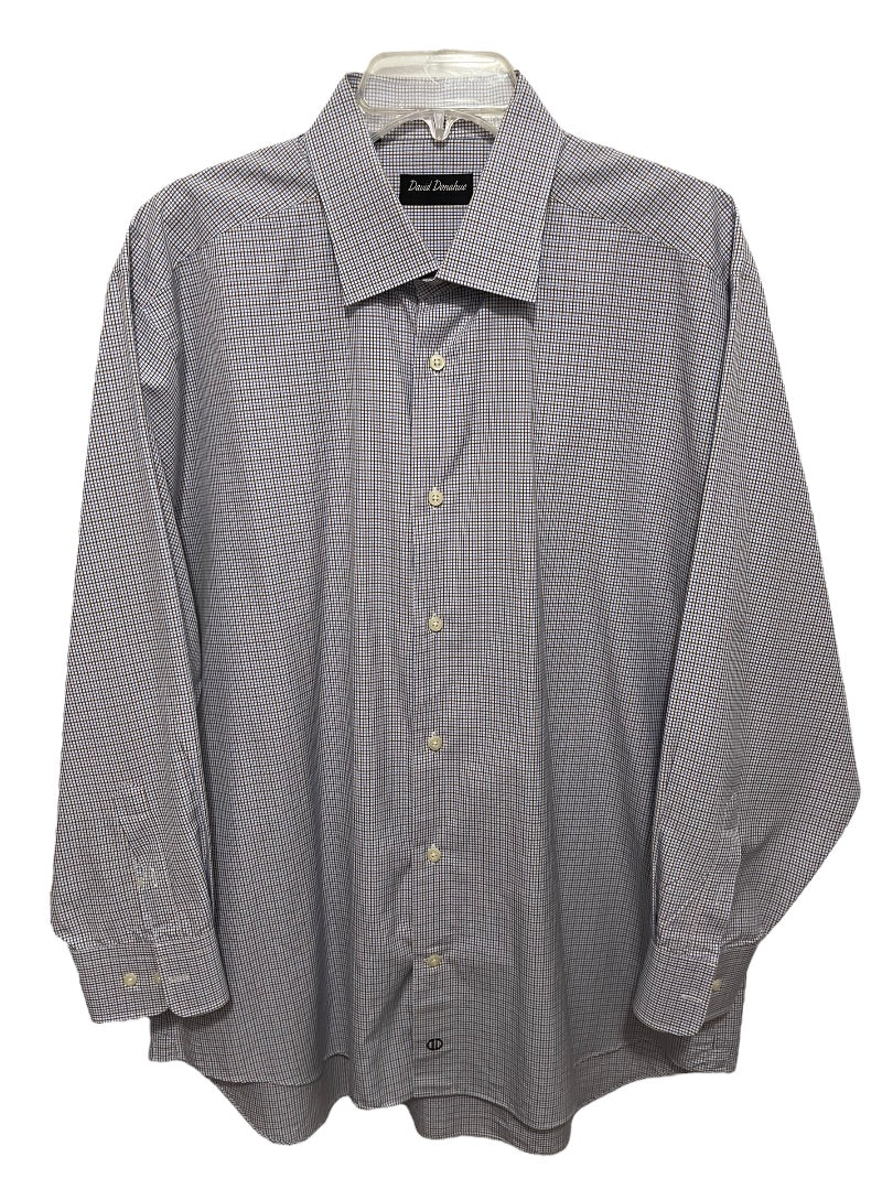 17.5 (32/33) David Donahue Mens Button Up White Blue Brown Dress Shirt