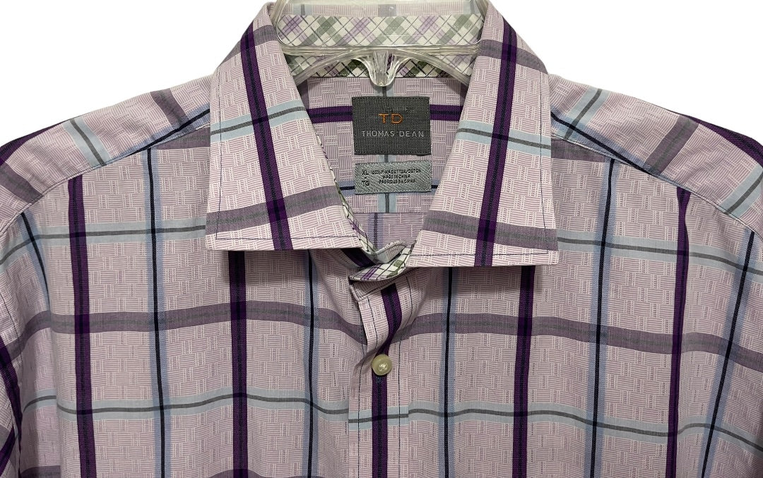 XL Thomas Dean 100% Pima Cotton Mens Plaid Dress Shirt Purple Long Sleeve