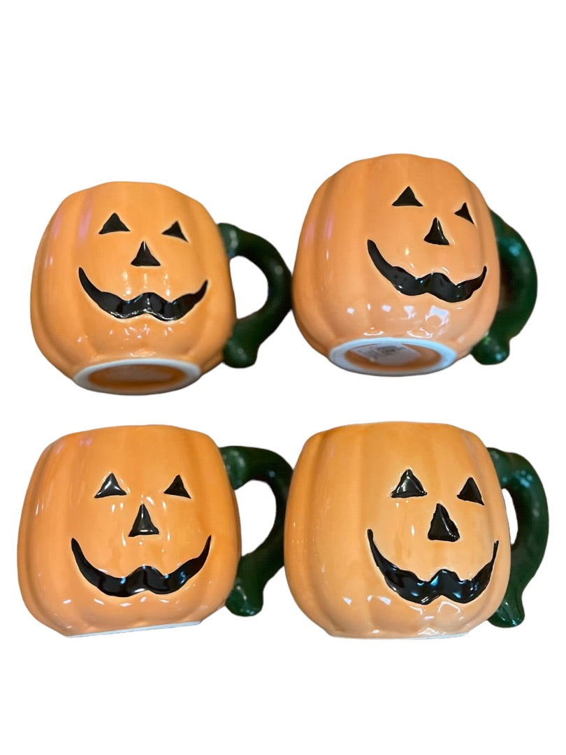 Set of 4 Halloween Ceramic Jack O Lantern Pumpkin Mugs Orange