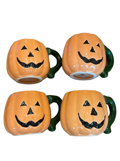 Set of 4 Halloween Ceramic Jack O Lantern Pumpkin Mugs Orange