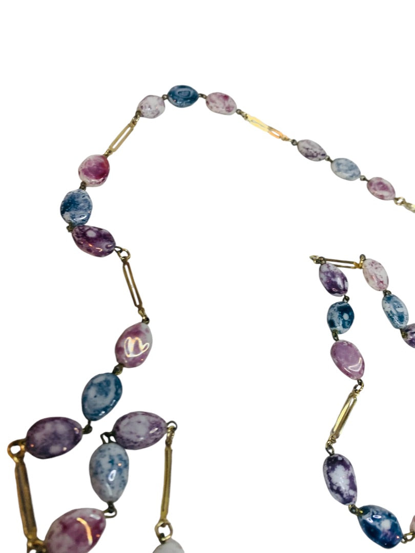 Goldtone Stone Polished Stone Blue Purple Overhead Strand String 47"