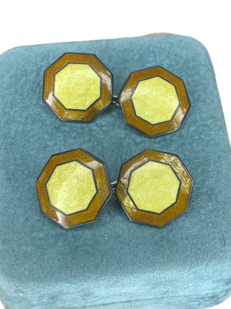 Antique Art Deco Signed Hallmark Yellow Brown Guilloche Enamel Cufflinks Pair Hexagon