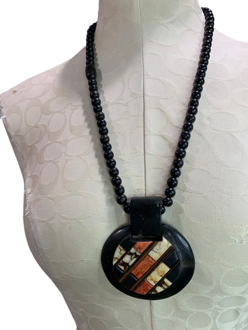 Vintage Wooden Beaded Pendant Statement Necklace Boho Style 30" Overhead No Clasp