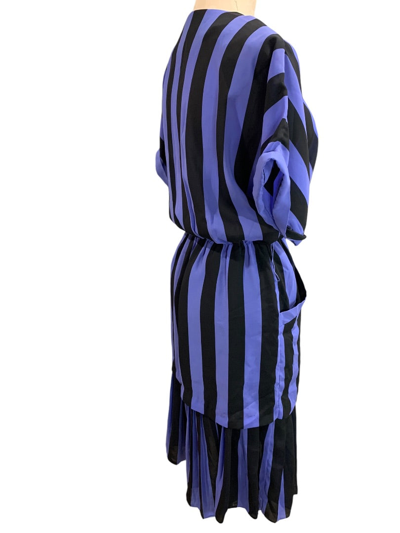 Size 6 Blake Elizabeth Purple Black Stripe Vintage 1980s Dress Pockets Pleated Hem