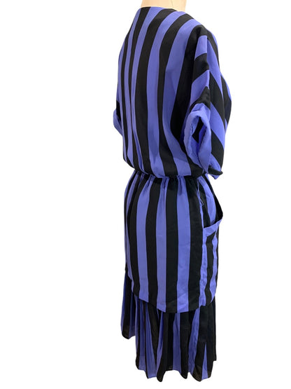 Size 6 Blake Elizabeth Purple Black Stripe Vintage 1980s Dress Pockets Pleated Hem