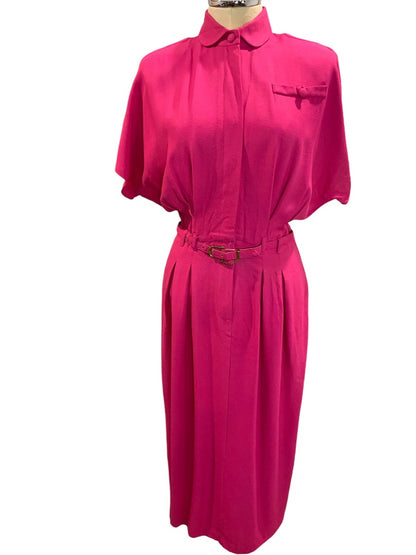 Size 8 Hearts Vintage 1980s Hot Pink Shirtwaist Dress Made in USA Rayon Acetate Blend