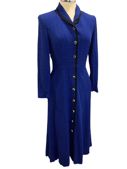 Size 6 Talbots Button Up Vintage 1980s Dress Blue Houndstooth Pockets