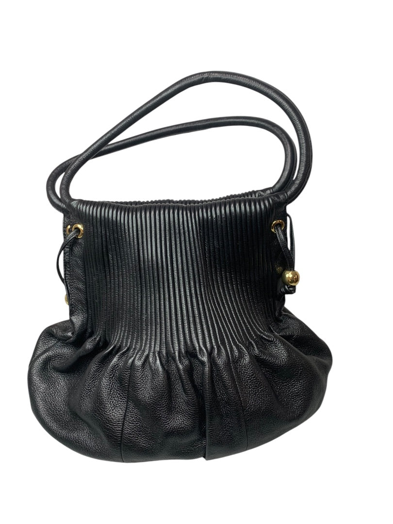 Vintage Bodhi Black Pebbled Leather Pleated Handbag Goldtone Hardware