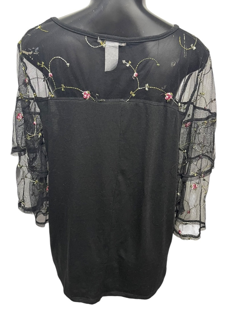 1X Ultra Teeze Womens Black Mesh Yoke Sleeve Embroidered Shirt