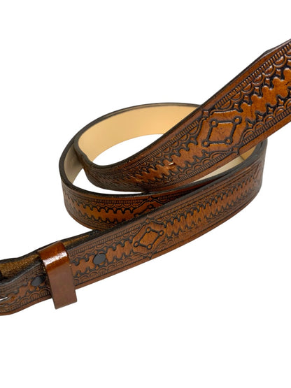 Vintage 1970s Mens Brown Tooled Leather Belt 43-46 Inch Waist