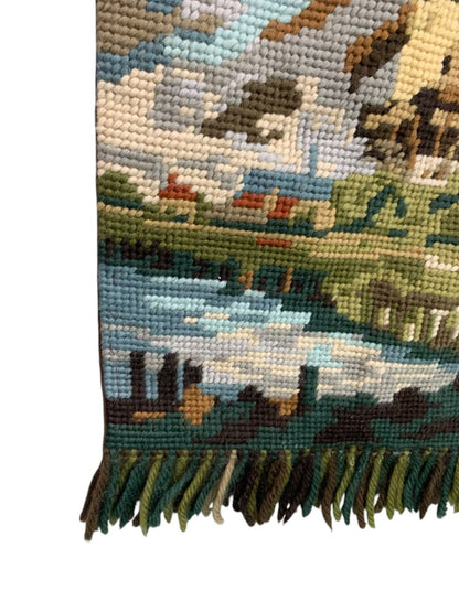 1970s Needlepoint Tapestry Wall Art Hanging Windmill Landscape 24x15 Inch