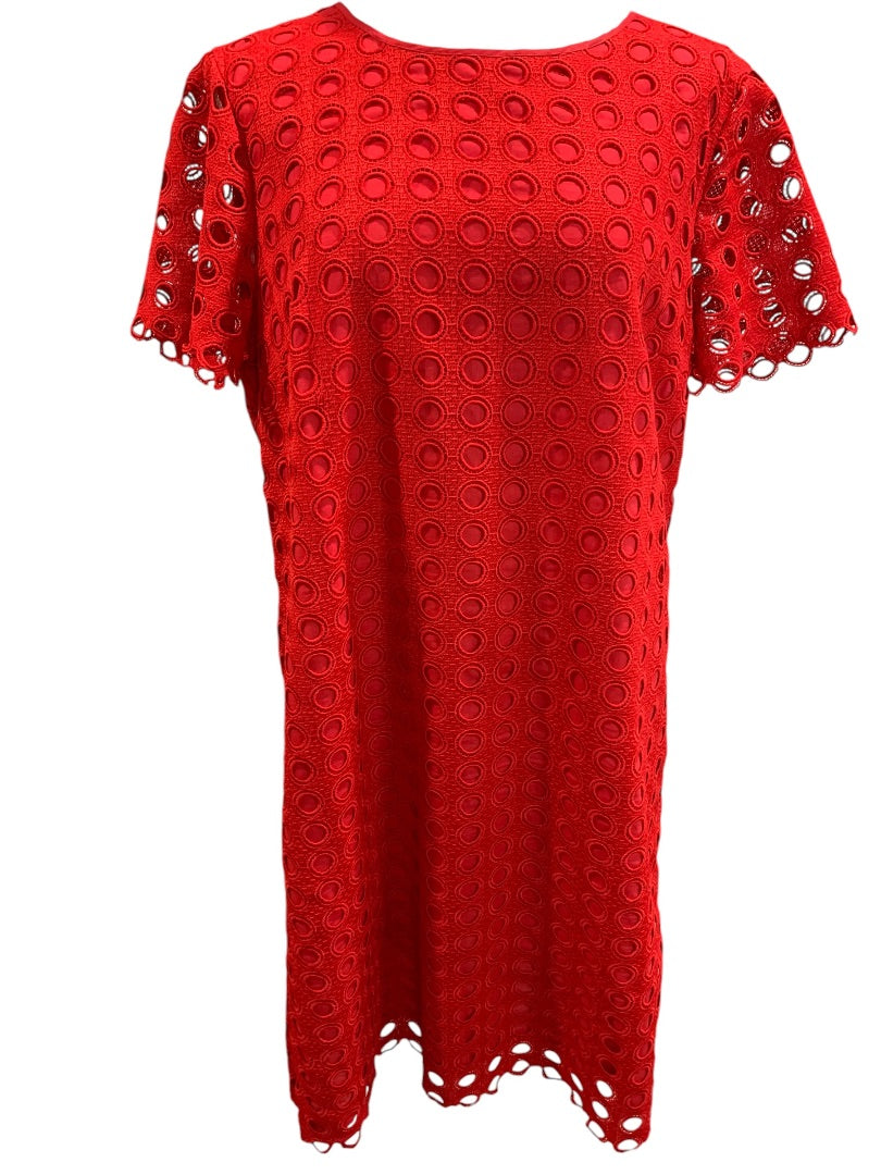 Size 16 Talbots Red Circle Eyelet Overlay Short Sleeve Dress