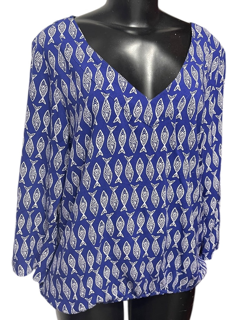 XL West Indies Womens Fish Print Pullover Blouse Shirt Bottom Drawstring