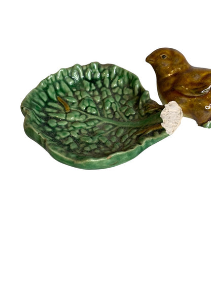 Vintage Portugal Bird on Leaf Trinket Dish "97" Pottery Broken for Repair Potential