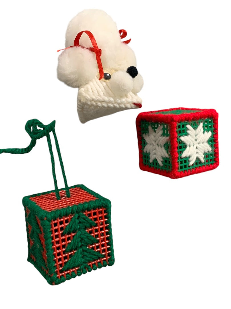 1980s Christmas Ornaments Yarn Cross Stitch Needlepoint Cubes Dog Kitschy