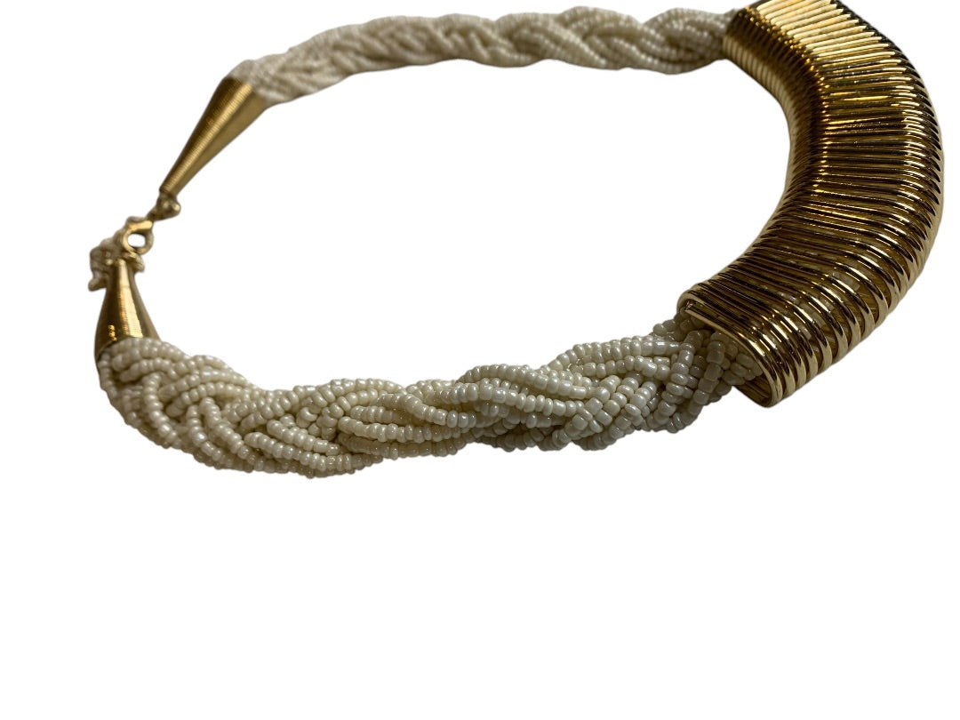 Vintage Goldtone White Seed Bead Statement Necklace 18-22 Inch