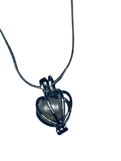 Vintage Caged Pearl Pendant Necklace Silvertone Snake Chain 16.5-17.5 Inches