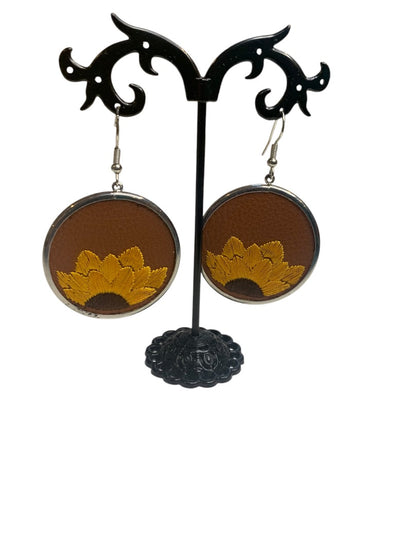 Silvertone Embroidered Faux Leather Sunflower Hook Pierced Earrings