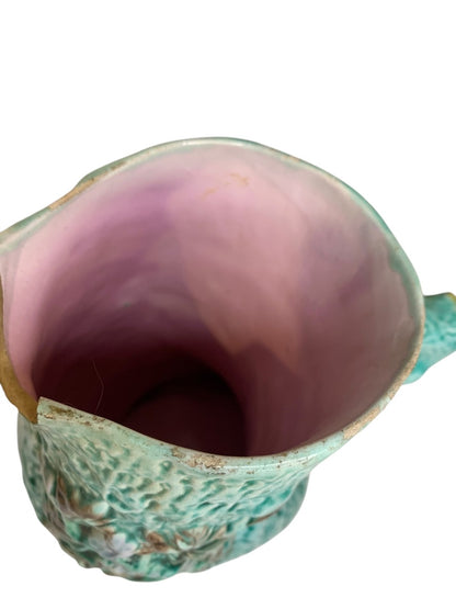Antique Majolica Turquoise Adirondak Tree Trunk Pitcher Missing Spout