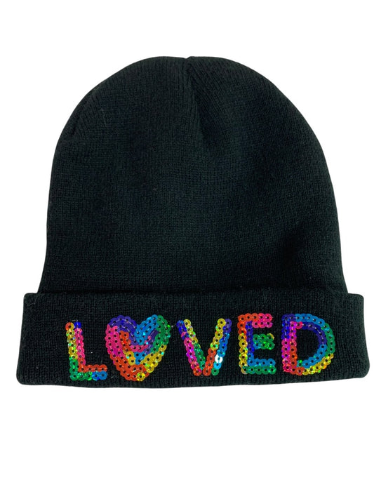 One Size Girls Black Sweater Knit Beanie Hat "Loved" Sequins