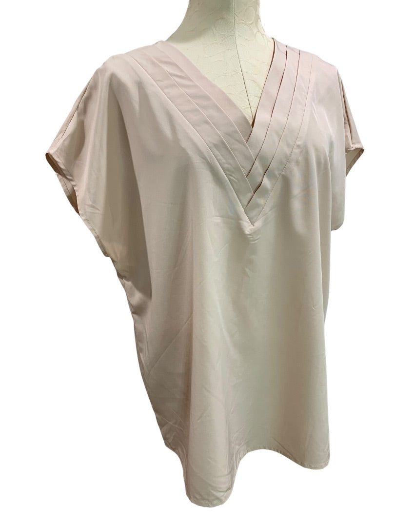 1XL Womens Beige V-Neck Pullover Blouse Shirt Short Dolman Sleeve