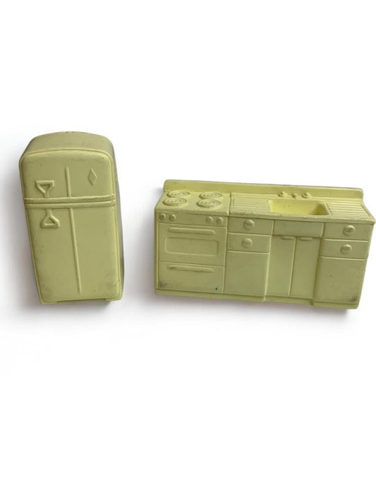 1950s Marx Miniature Dollhouse Yellow Plastic Kitchen Set 2 Piece