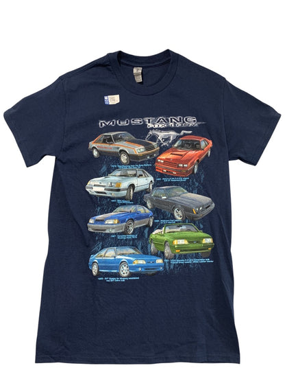 Small Mustang Fox Body Tshirt Ford Official History Blue