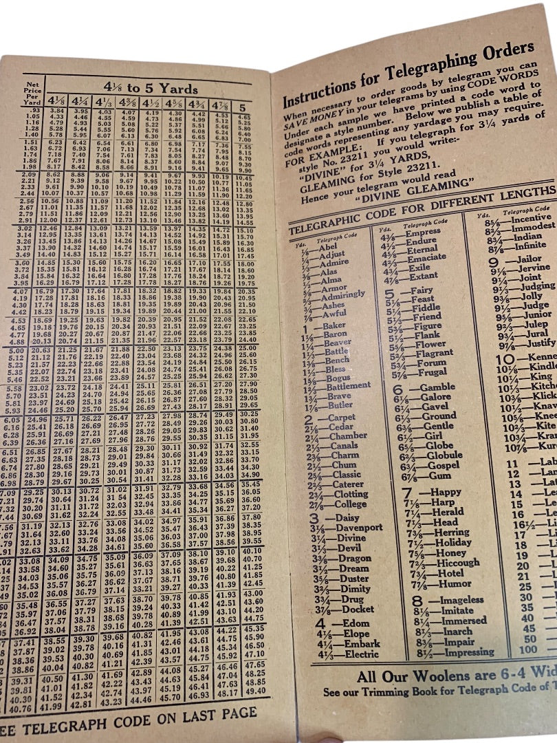 Vintage Bruner Woolens Net Price Figuring Chart with Telegraphing Instructions