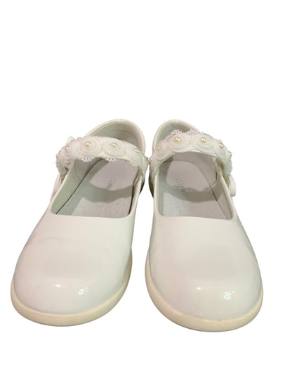 Size 36 Apawwa MC16 Girls White Lacquer Shoes Rosettes Faux Pearls First Communion